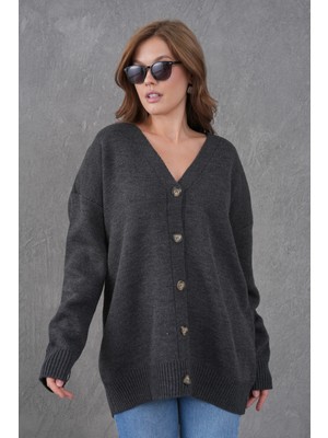 Parkkaron Kadın V Yaka Düğme Kapama Oversize Uzun Triko Hırka 8596