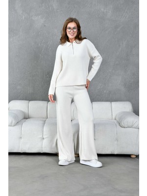 Parkkaron Kadın Polo Yaka Oversize Kazak Pantolon Triko Alt-Üst Takım
