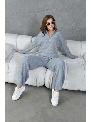 Parkkaron Kadın Gri Polo Yaka Oversize Kazak Pantolon Triko Alt-Üst Takım
