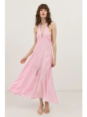 Antioch Pembe Halter Yaka Puantiyeli Kadın Elbise