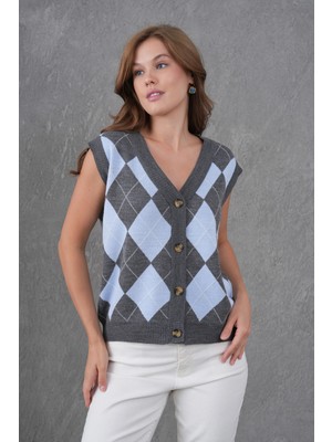 Parkkaron Kadın V Yaka Düğme Kapama Desenli Triko Sweater
