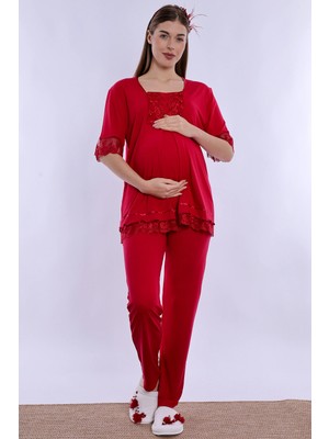 bylohusa Ayarlanabilir Bel Detaylı Emzirme Özellikli Hamile Lohusa Pijama Takımı Effortt - Vişne