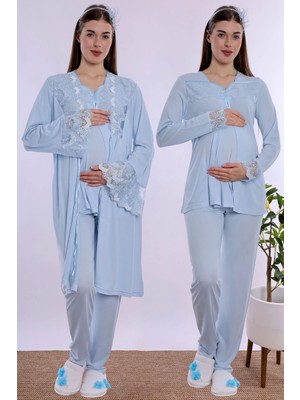 bylohusa Emzirme Özellikli Sabahlıklı Hamile Lohusa Pijama Takımı Effortt - Mavi