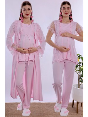 bylohusa Pamuklu Sabahlıklı Hamile Lohusa Emzirme Pijama Takımı Ayarlanabilir Bel Lastikli Effortt - Pembe