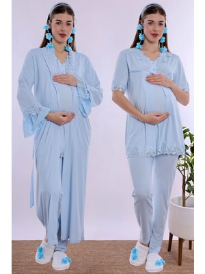 bylohusa Doğum Öncesi ve Sonrası Emzirme Özellikli Sabahlıklı Lohusa Pijama Takımı Effortt - Mavi