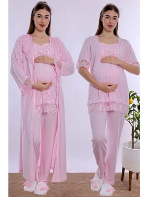 bylohusa Pamuklu Uzun Sabahlıklı Hamile Lohusa Emzirme Pijama Takımı Effortt - Pembe