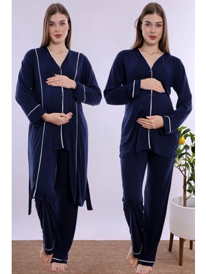 bylohusa Yumuşak Dokulu Pamuklu Sabahlıklı Hamile Lohusa Pijama Takımı Effortt - Lacivert