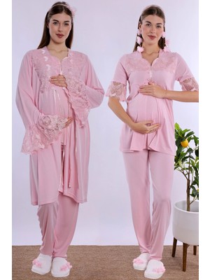 bylohusa Pamuklu Hamile Lohusa Pijama ve Sabahlık Takımı Effortt - Pembe