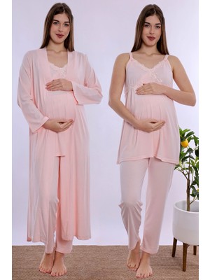 bylohusa Pamuklu Sabahlıklı Hamile Lohusa Emzirme Pijama Takımı Ayarlanabilir Bel Lastikli Effortt - Pudra