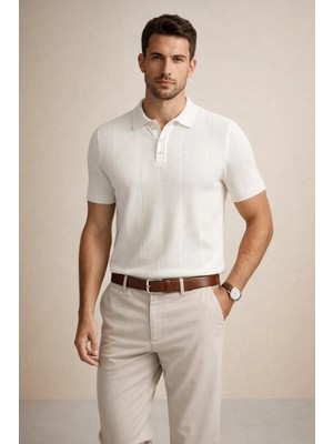 Polo State Erkek Triko Polo Yaka Kısa Kollu Dikey Desenli Slim Fit Tişört Ekru