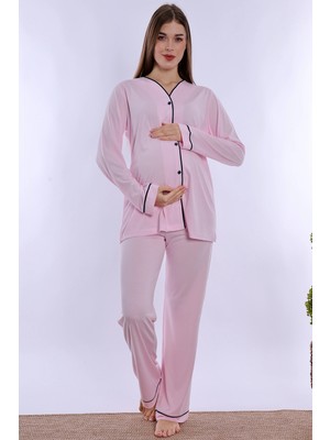 bylohusa Ayarlanabilir Bel Detaylı Emzirme Özellikli Hamile Lohusa Pijama Takımı Effortt - Pembe