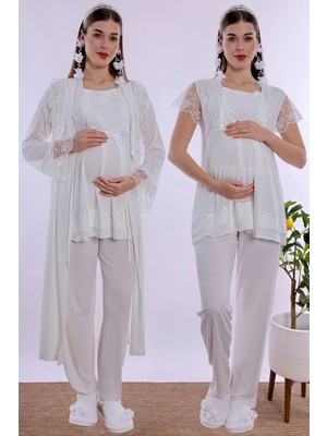 bylohusa Pamuklu Sabahlıklı Hamile Lohusa Emzirme Pijama Takımı Ayarlanabilir Bel Lastikli Effortt - Ekru