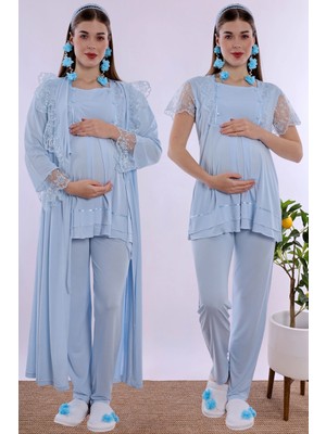 bylohusa Pamuklu Sabahlıklı Hamile Lohusa Emzirme Pijama Takımı Ayarlanabilir Bel Lastikli Effortt - Mavi