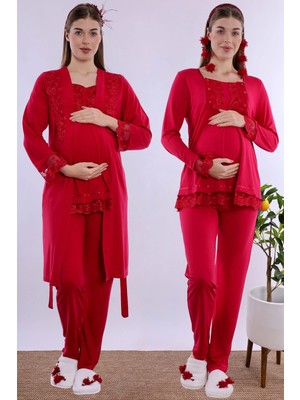 bylohusa Rahat Kesim Emzirme Özellikli Sabahlıklı Hamile Lohusa Pijama Takımı Effortt - Vişne