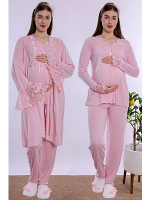 bylohusa Emzirme Özellikli Sabahlıklı Hamile Lohusa Pijama Takımı Effortt - Pembe