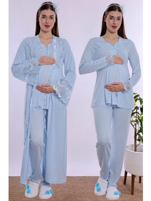 bylohusa Pamuklu Uzun Sabahlıklı Hamile Lohusa Emzirme Pijama Takımı Effortt - Mavi