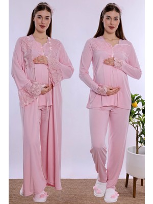 bylohusa Pamuklu Uzun Sabahlıklı Hamile Lohusa Emzirme Pijama Takımı Effortt - Pembe
