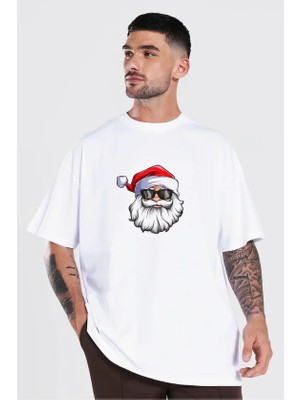 Modi Yılbaşı Gözlüklü Noel Baba Baskılı Kısa Kollu Oversize Bisiklet Yaka T-Shirt - Beyaz