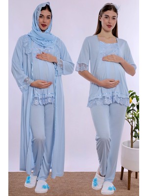 bylohusa Tesettürlü Yumuşak Dokulu Pamuklu  Uzun Sabahlıklı Hamile Lohusa Pijama Takımı Effortt - Mavi