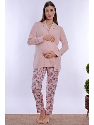 bylohusa Doğum Öncesi ve Sonrası Kullanıma Uygun Hamile Lohusa Pijama Takımı Effortt - Pudra