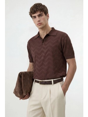 Antioch Kahve Zigzag Desenli Polo Yaka Triko Erkek T-Shirt