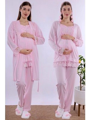 bylohusa Rahat Kesim Emzirme Özellikli Sabahlıklı Hamile Lohusa Pijama Takımı Effortt - Pembe