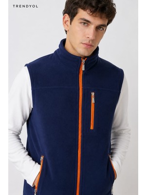 Bizim Terzi Dsnm Lacivert Turuncu Fermuarlı Polar Yelek 3 Cepli   Tam Fermuarlı  Slim Fit Anti Pilling Tüylenme Yapmaz Hava Geçirmez Soft Shell Polar Yelek