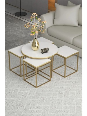 Reyo Falez Oval Lux 5'li Orta ve Zigon Sehpa Seti Altın Beyaz