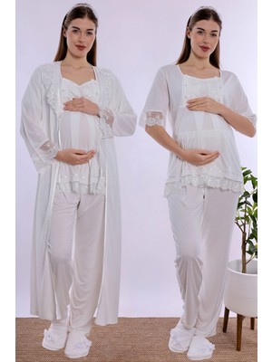 bylohusa Pamuklu Uzun Sabahlıklı Hamile Lohusa Emzirme Pijama Takımı Effortt - Ekru