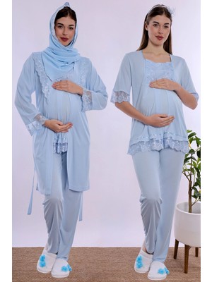 bylohusa Tesettürlü Rahat Kesim Emzirme Özellikli Sabahlıklı Hamile Lohusa Pijama Takımı Effortt - Mavi