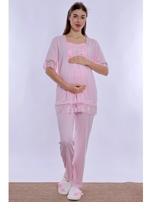 bylohusa Ayarlanabilir Bel Detaylı Emzirme Özellikli Hamile Lohusa Pijama Takımı Effortt - Pembe