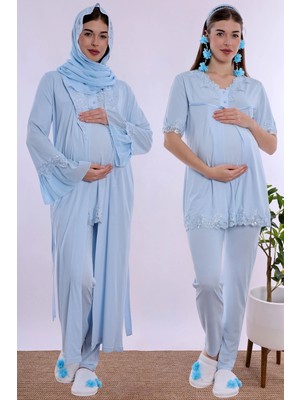 bylohusa Tesettürlü Pamuklu Uzun Sabahlıklı Hamile Lohusa Emzirme Pijama Takımı Effortt - Mavi
