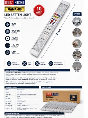 Kondel Aydınlatma Horoz Electric 10’lu Paket Gama-80 80W LED Bant Armatür 120 cm 7000K Beyaz Işık 10’lu Paket