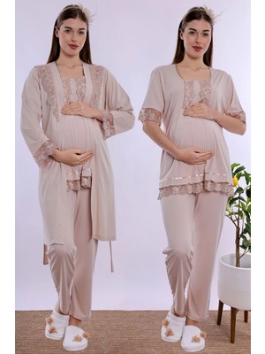 bylohusa Ayarlanabilir Bel Lastikli Sabahlıklı Hamile Lohusa Pijama Takımı Effortt - Bej