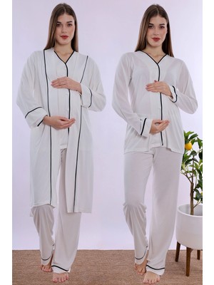bylohusa Yumuşak Dokulu Pamuklu Sabahlıklı Hamile Lohusa Pijama Takımı Effortt - Ekru