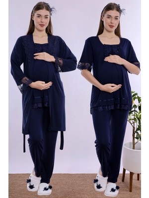 bylohusa Ayarlanabilir Bel Lastikli Sabahlıklı Hamile Lohusa Pijama Takımı Effortt - Lacivert