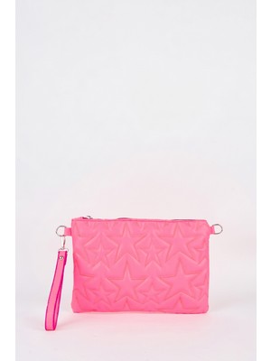 Vivaq Kadın Fuşya Yıldız Nakışlı Suni Deri Bilek ve Zincir Askılı Portföy El ve Clutch Çanta