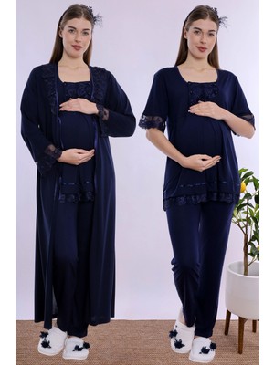bylohusa Pamuklu Uzun Sabahlıklı Hamile Lohusa Emzirme Pijama Takımı Effortt - Lacivert