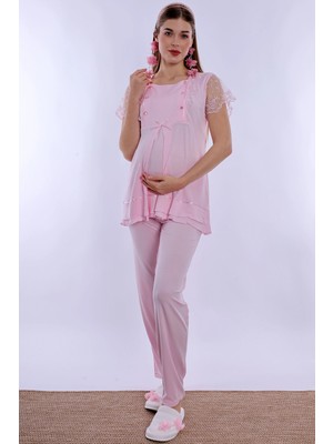 bylohusa Emzirme Özellikli Hamile Lohusa Pijama Takımı Effortt - Pembe