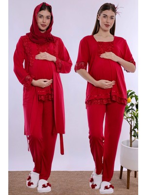 bylohusa Tesettürlü Rahat Kesim Emzirme Özellikli Sabahlıklı Hamile Lohusa Pijama Takımı Effortt - Vişne