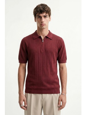 Antioch Koyu Bordo Fermuar Yaka Çizgili Triko Erkek T-Shirt