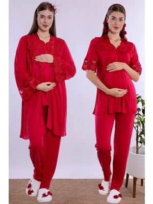 bylohusa Pamuklu Hamile Lohusa Pijama ve Sabahlık Takımı Effortt - Vişne