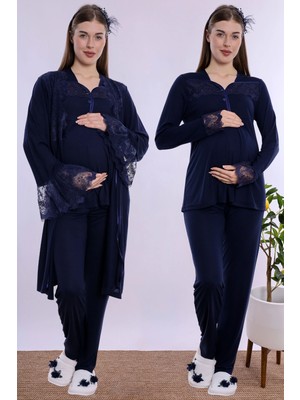 bylohusa Emzirme Özellikli Sabahlıklı Hamile Lohusa Pijama Takımı Effortt - Lacivert