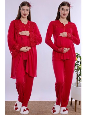 bylohusa Emzirme Özellikli Sabahlıklı Hamile Lohusa Pijama Takımı Effortt - Vişne