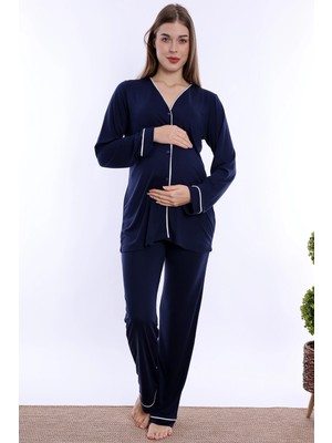 bylohusa Ayarlanabilir Bel Detaylı Emzirme Özellikli Hamile Lohusa Pijama Takımı Effortt - Lacivert
