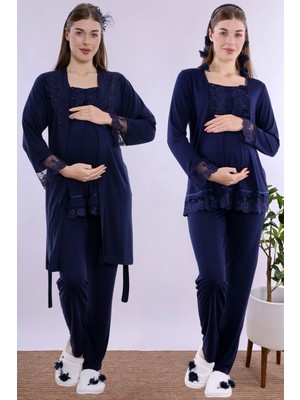 bylohusa Rahat Kesim Emzirme Özellikli Sabahlıklı Hamile Lohusa Pijama Takımı Effortt - Lacivert