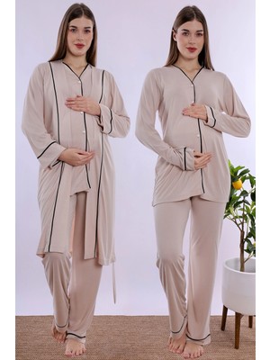 bylohusa Yumuşak Dokulu Pamuklu Sabahlıklı Hamile Lohusa Pijama Takımı Effortt - Kahve