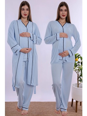 bylohusa Yumuşak Dokulu Pamuklu Sabahlıklı Hamile Lohusa Pijama Takımı Effortt - Mavi