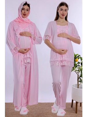 bylohusa Tesettürlü Yumuşak Dokulu Pamuklu  Uzun Sabahlıklı Hamile Lohusa Pijama Takımı Effortt - Pembe