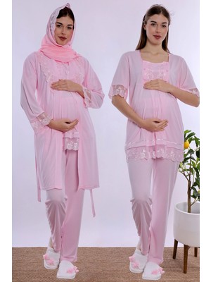 bylohusa Tesettürlü Rahat Kesim Emzirme Özellikli Sabahlıklı Hamile Lohusa Pijama Takımı Effortt - Pembe